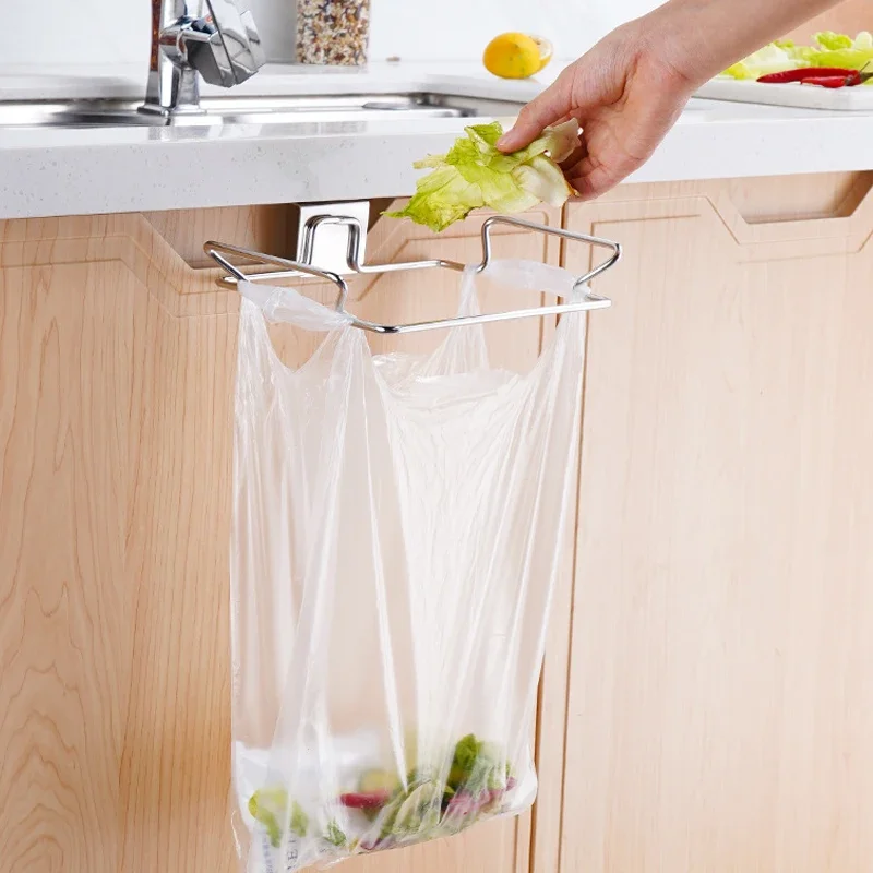 Stainless Steel Kitchen Trash Rack Cabinet Door Garbage Bags Holder Closet Garbage Storage Holder Towel Hanging Organizer