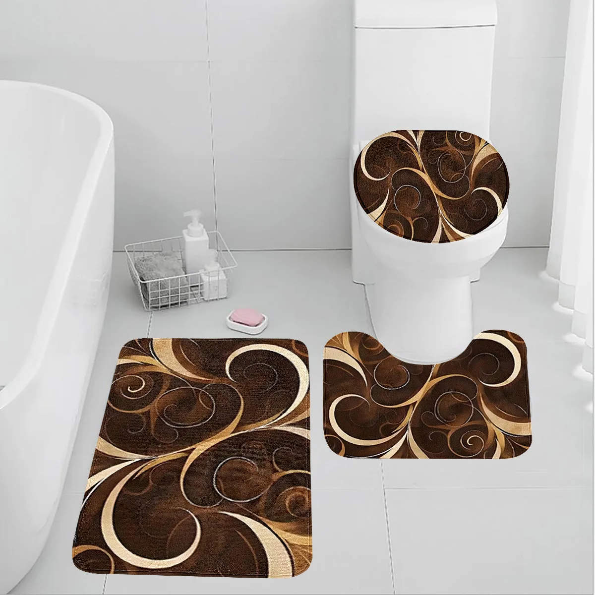 Eine goldene runde Toilettenmatte kann einzeln oder als Set für Badezimmerteppiche gekauft werden