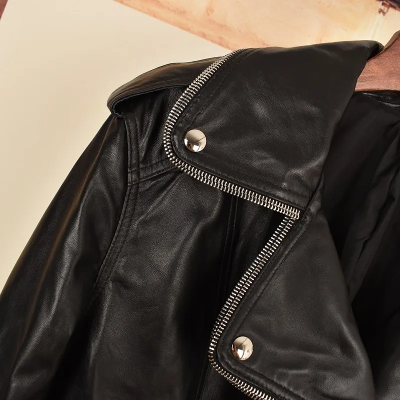 2023Spring Autumn New Women Moto Biker Sheepskin Genuine Leather Jacket Zippers Buckle Punk Style Coat Female Rivets Short Jacke