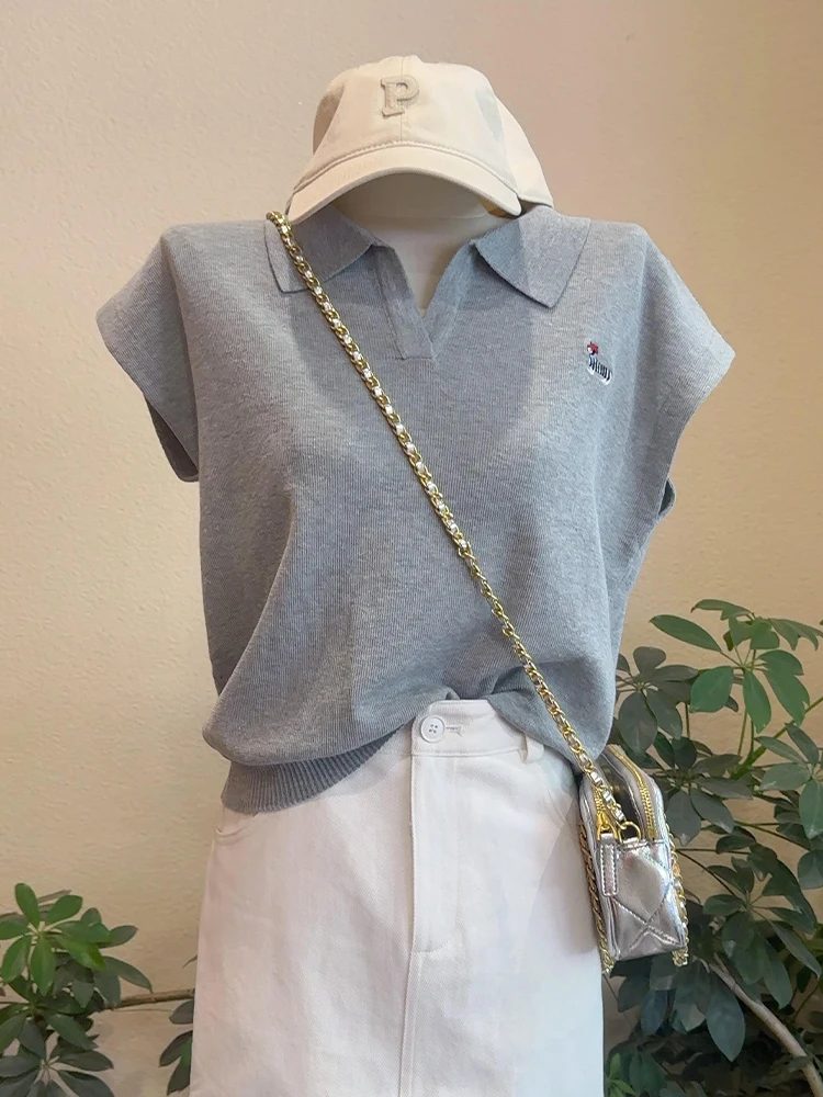 

Корейский вязаный топ с v-образным вырезом и вышивкой irt ort Sve Ice Silk, женский летний дизайн, свободная футболка