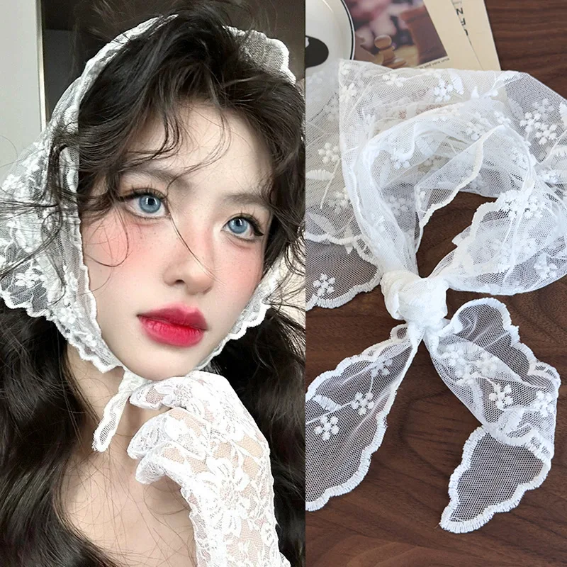 

French retro lace floral small square scarf for women with lace headband bridal headpiece 2025 hair accessories whosale