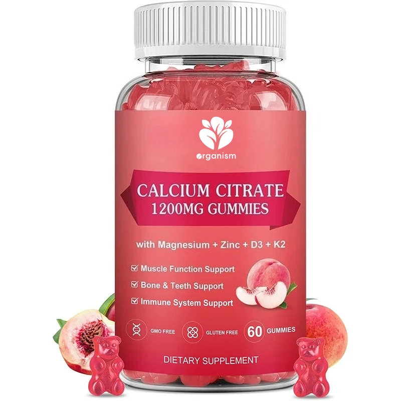 Suplemento de gomitas con citrato de calcio que contiene extracto de algas marinas, apto para huesos, dientes, sabor a melocotón blanco -60 gomitas