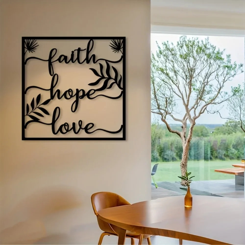 CIFBUY Décoration Murale Métallique 2D Plate, Thème Foi Espoir Amour, Grande Branche de Feuille, en Fer Noir, Style Rétro Minimaliste, à Suspendre, pour Intérieur et Extérieur