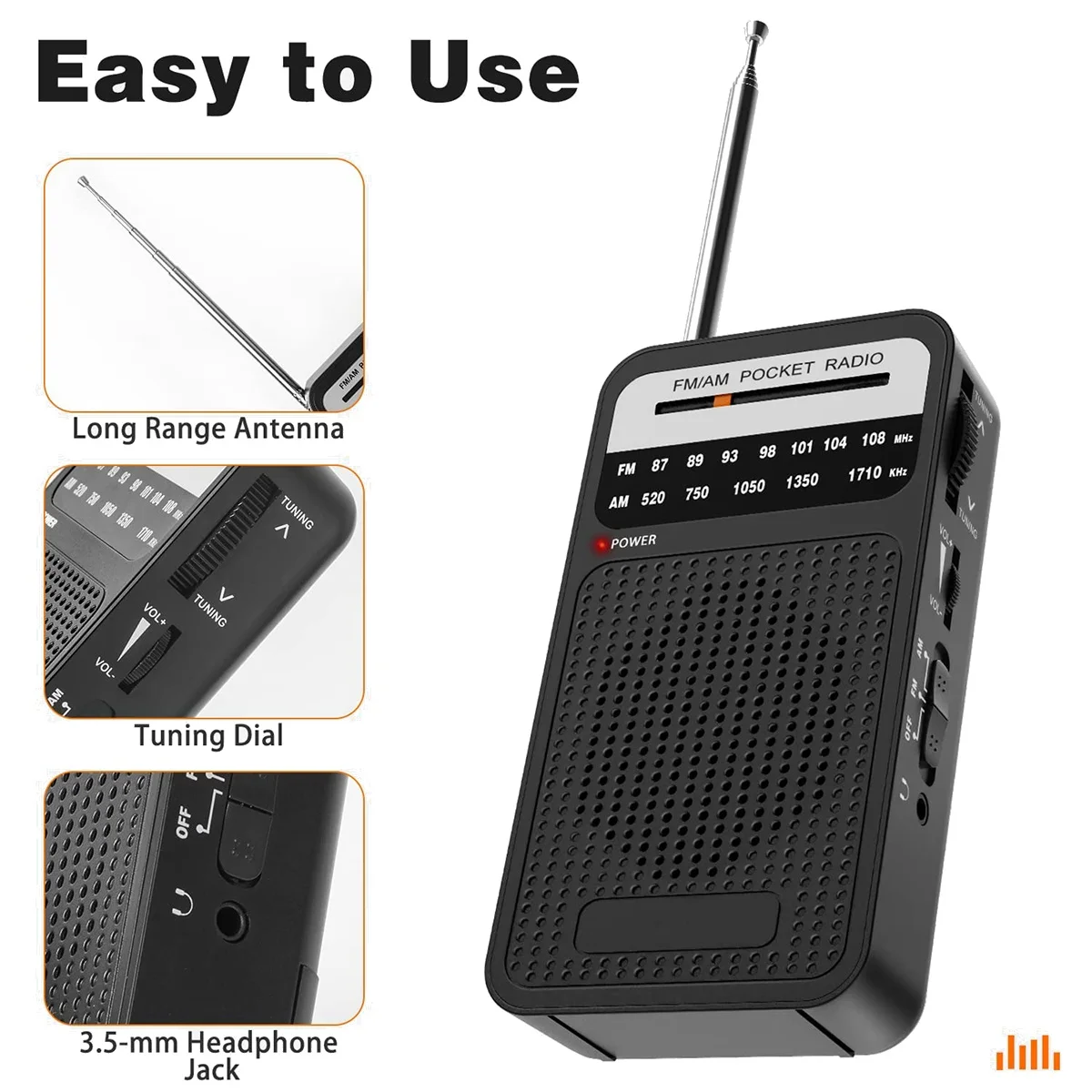 Rádio de bolso AM FM, rádio transistor com alto-falante, entrada para fone de ouvido, rádio portátil para uso interno e externo