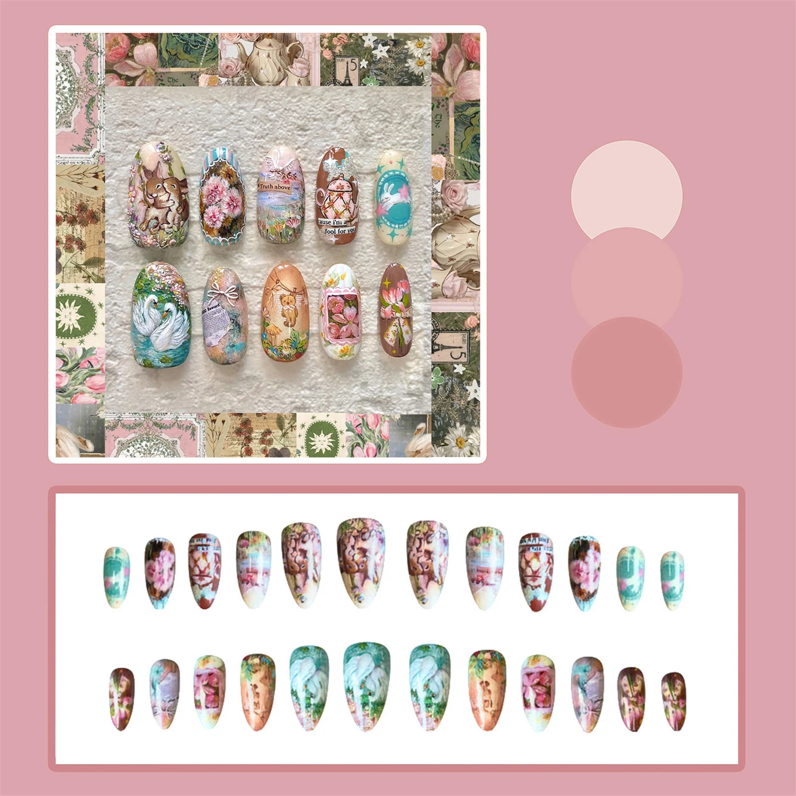 24 個ヴィンテージガーデンフェイクネイルアーモンドプレスオンネイル取り外し可能なブルージェントルエレガントな付け爪蝶の花のデザイン