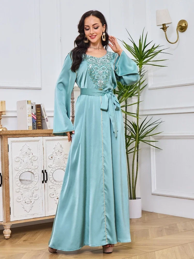 Morocco Party Dress Closed Belt Abaya Muslim Dubai Luxury Beaded Abayas for Women Kaftans Islam Evening Dresses Vestidos Largos