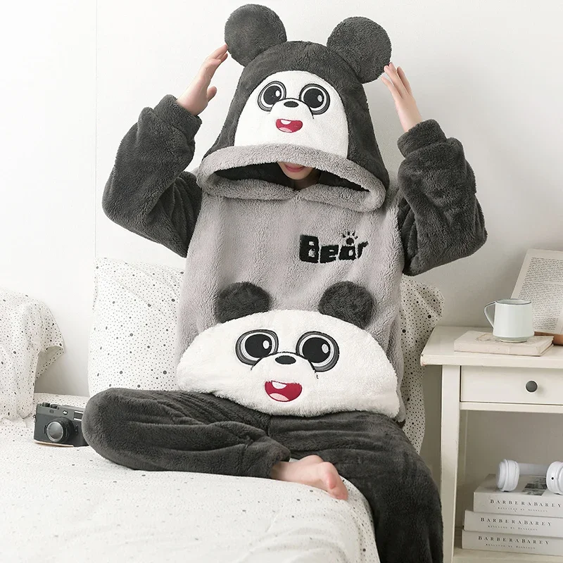 Winter Men Couples Pajamas Suit Cartoon Panda Pijamas Sets Women Sleepwear Thicken Soft Warm Hooded Pyjama Plush Lovers Set