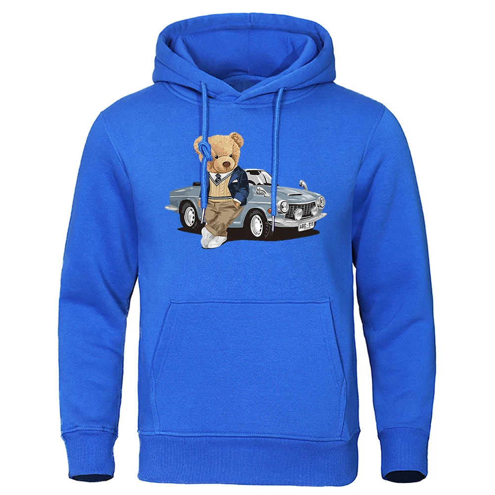 Gentleman Ted bear In A Vintage Sports Car Mens Hoodies Hip Hop Street Pullover O-Neck Fashion Hoody Cartoons Loose Sweatshirt