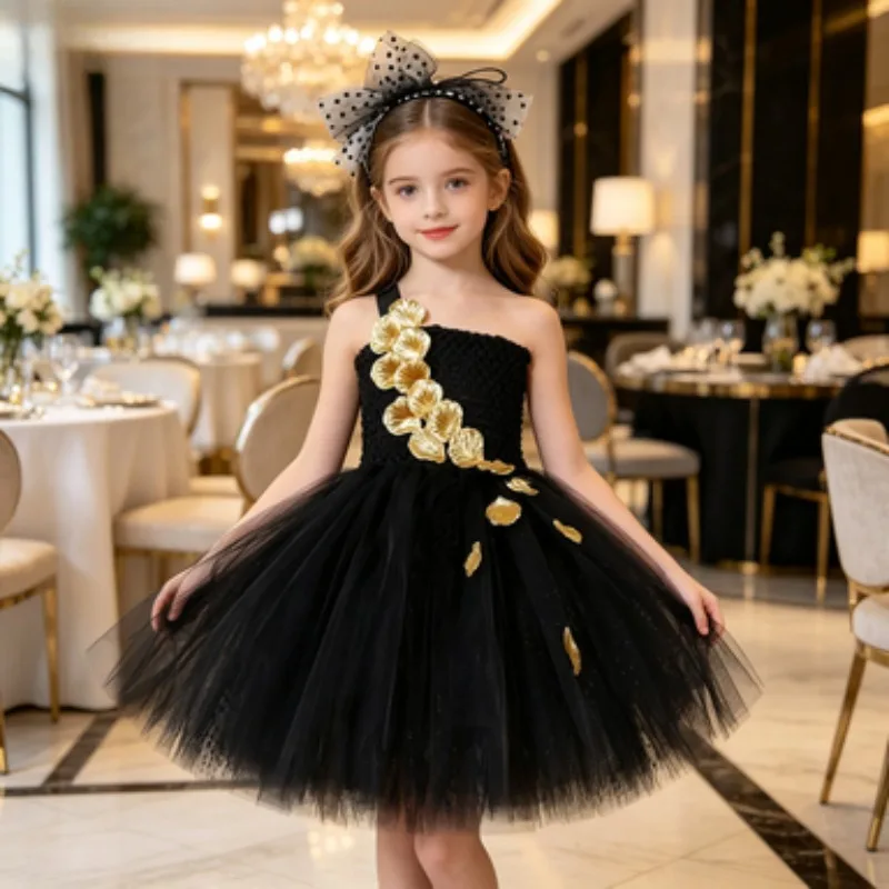 

Little Girls' Black Princess Puffy Dress with Gold Ornamented Petals, Breathable Mesh Fabric, Elegant Party & Banquet Dress