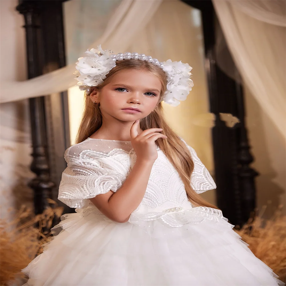 2024 New Luxury Flower Girl Dress Fluffy Lace Appliqué Long Train First Communion Birthday Prom Bridesmaid Princess Custom Prom