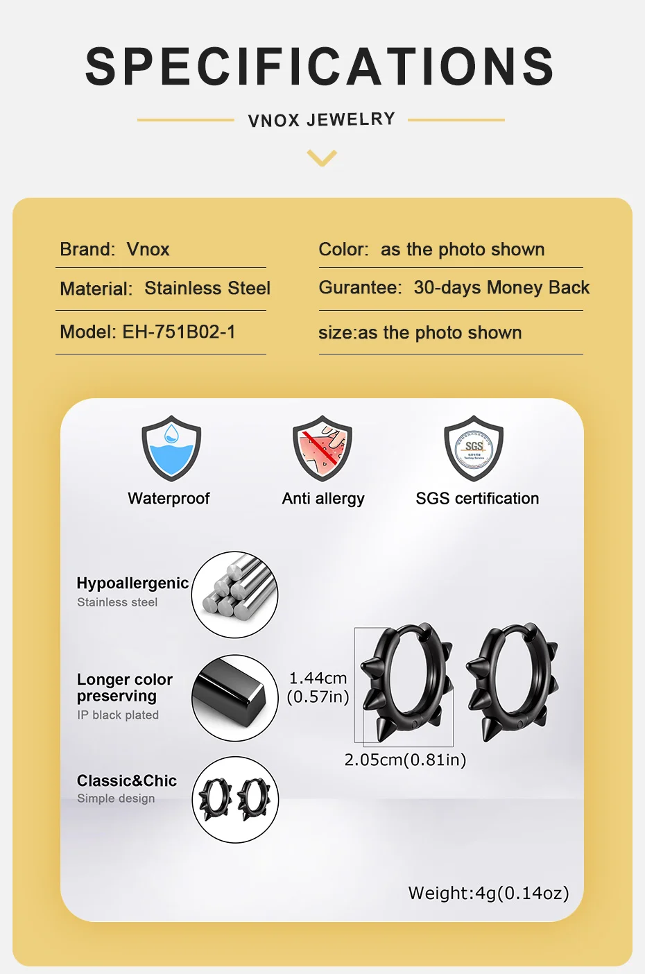Vnox Edelstahl-Spike-Creolen für Männer, Punk-Stil in Schwarz, Silber und Gold, Nieten-Huggie-Ohrring, Hypoallergener Schmuck als Geschenk – Detail 4