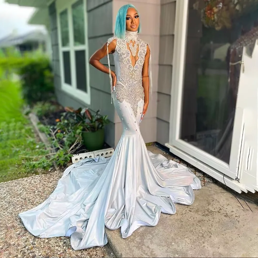Robe de bal de forme sirène pour filles noires, longue, argentée, de luxe, avec strass et diamants, pour fête d'anniversaire, personnalisée, 2025