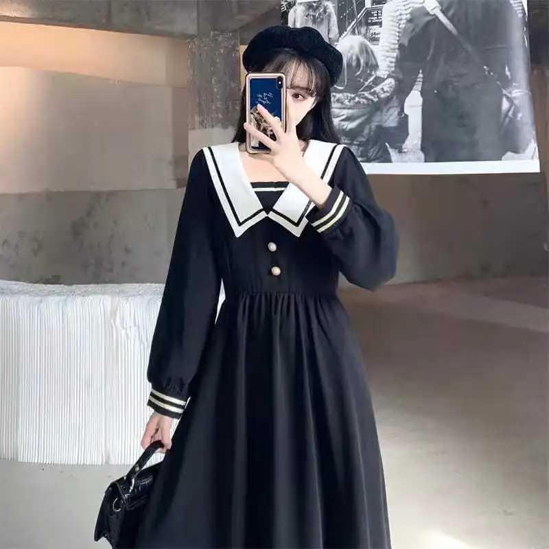 College Style Navy Collar Waist Cinching Loose and Slimming Dress New Japanese Sailor Suit Long Skirt