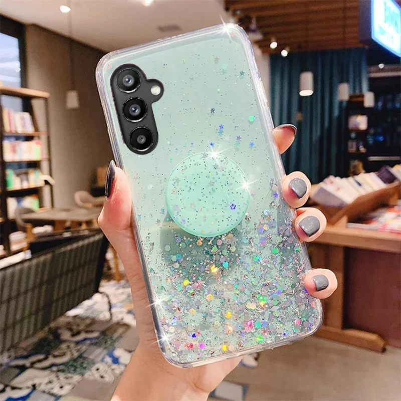 Bling Glitter Silver Foil Phone Holder Case for Samsung Galaxy A16 A26 A36 A56 A06 A15 A25 A35 A55 A14 A24 A34 A54 5G Cover
