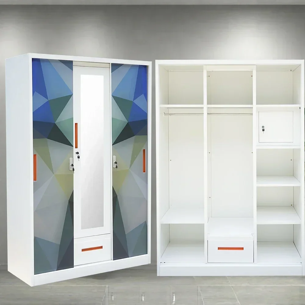 

Excellent Top QualityDigital Printed Steel Sliding Door 3-Door Bedroom Furniture Flower-Printed Wardrobe Metal Mirror Armoire Cl