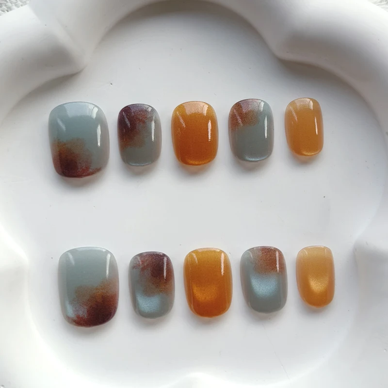 10Pcs Short Square Fake Nails Blue Brown Patchwork French False Nails Designs Full Coverage Waterproof Artificial Press on Nails image 5