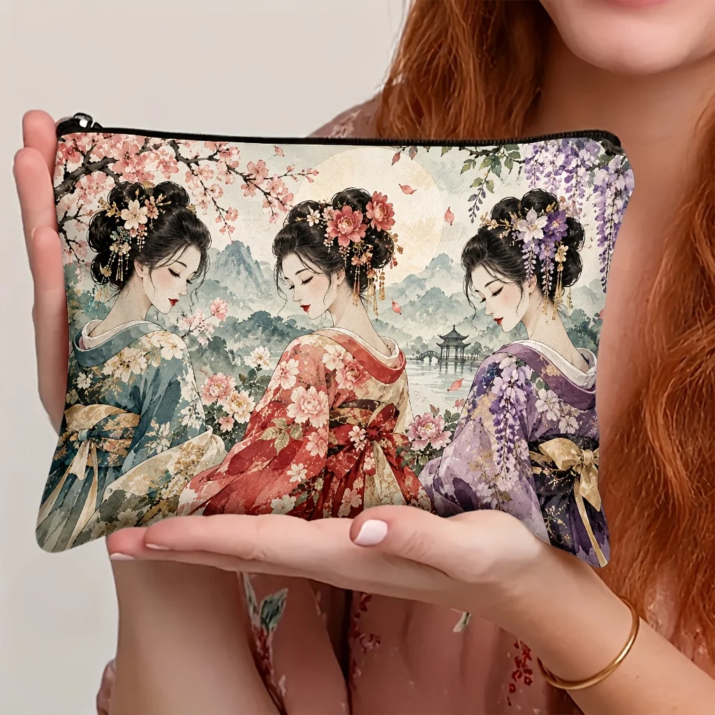 Vintage Chinese Beauty Makeup Bag Sakura Wisteria Mountain Pavilion Print Zipper Cosmetic Pouch Portable Storage Pouch Gift
