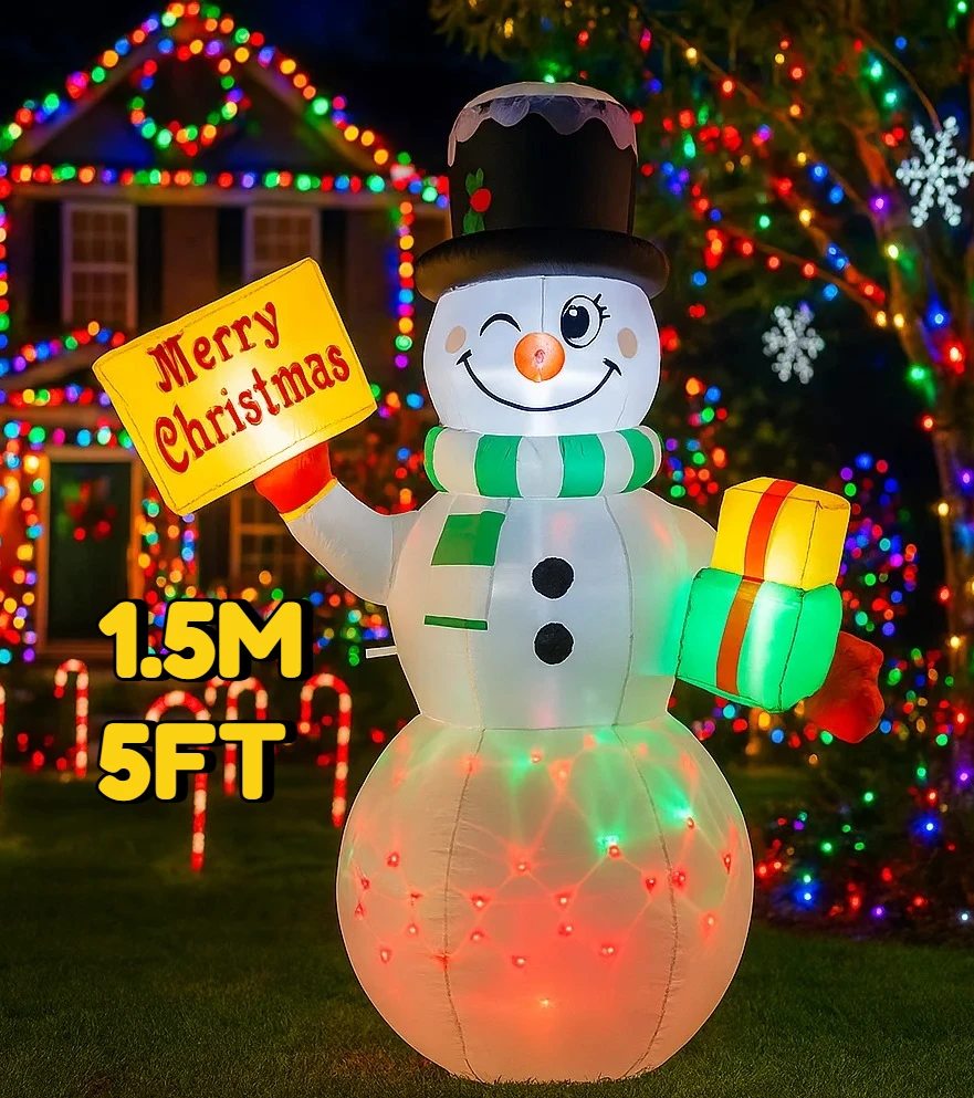 ตุ๊กตาหิมะเป่าลมขนาด 5 ฟุต สำหรับตกแต่งคริสต์มาส ถือของขวัญและของเล่น ประดับบ้านและสวน พร้อมไฟ LED ของตกแต่งคริสต์มาส พร้อมฐาน
