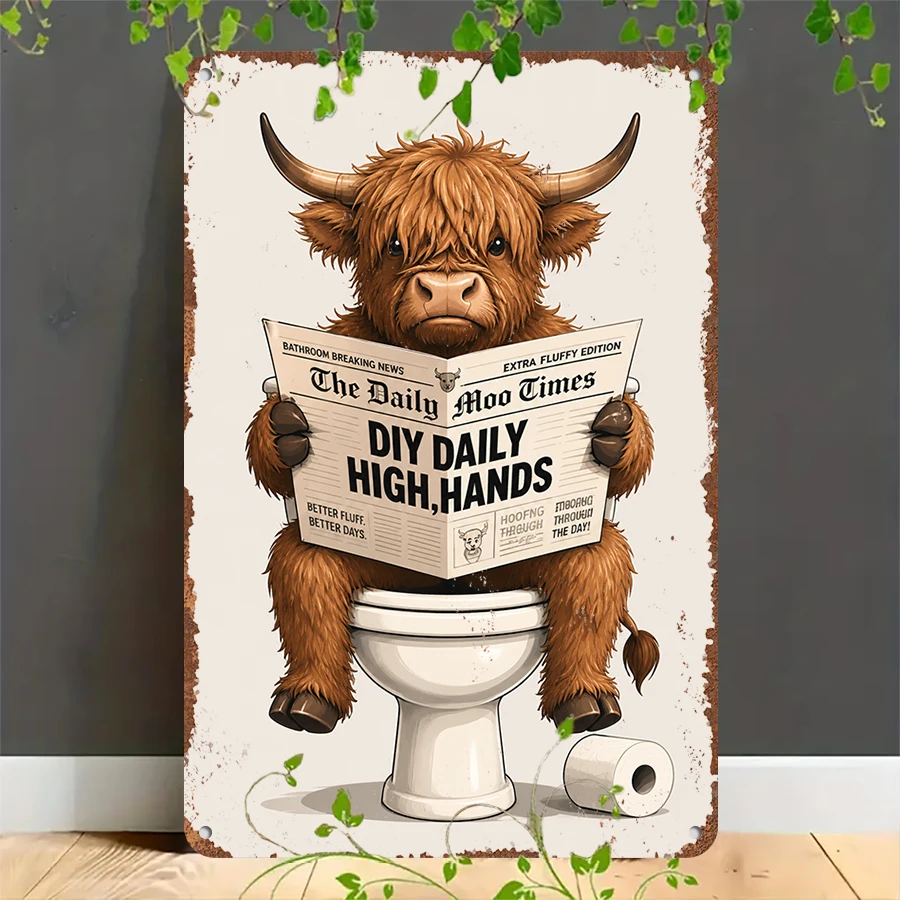 2D flat retro metal tin plate, Highland Cow Bathroom Reading Tin Sign, Suitable for home, garage, café, bar and garden decoration