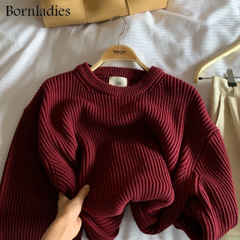 Bornladies 2022 Autumn Winter Loose Stripe Pullover Basic Warm Sweater for Women Soft Kniited O Neck Fashion Sweater Women Pull