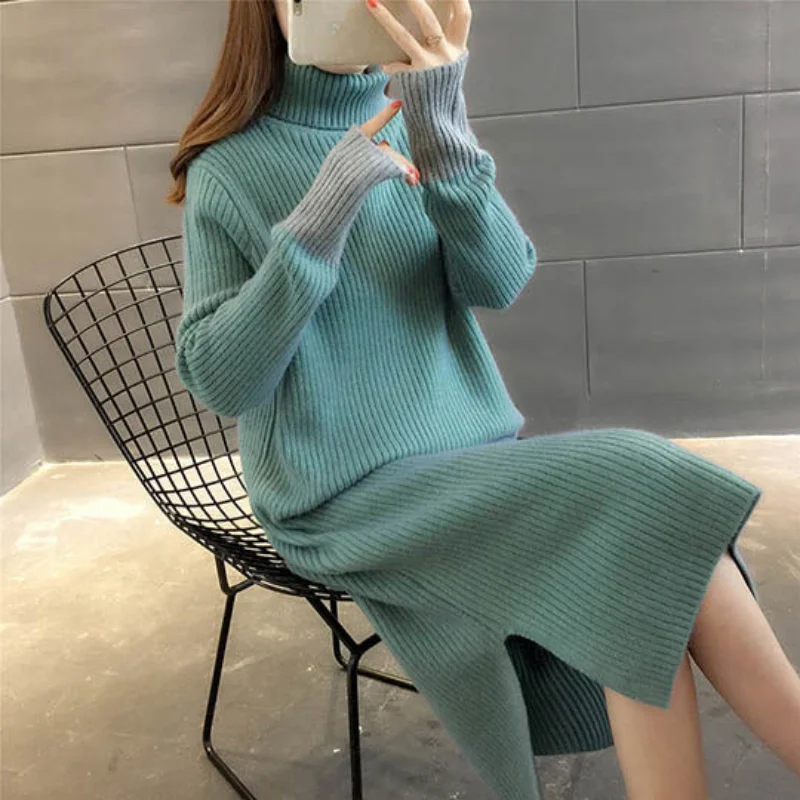 Midi Female Dress Split 2024 Cover Up Knitted Womens Dresses Clothing Crochet Knee Length Offer Elegant Hot Outfits Turtleneck