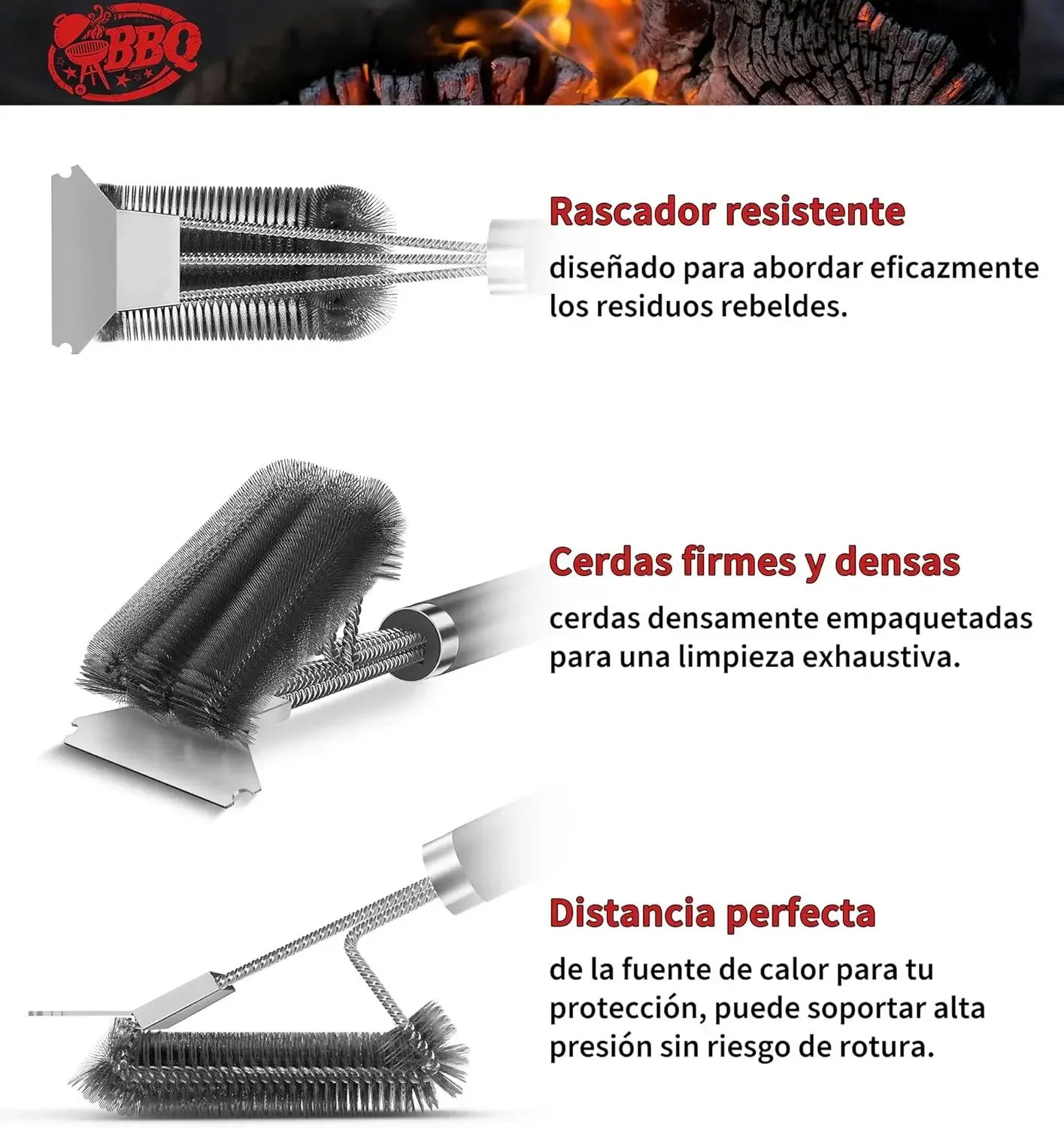 3 in 1 Barbecue Brush with Stainless Steel Wire Bristles for Charcoal and Electric Grill Outdoor , Camping - BBQ Cleaning Brush - Image 3