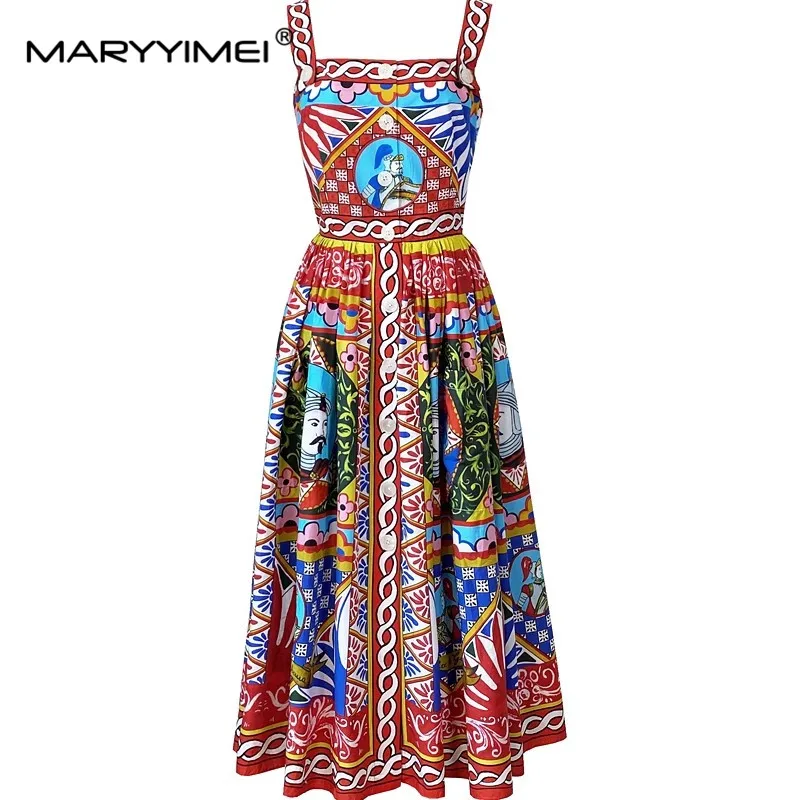 Imagem -05 - Maryyimei-vestido Feminino com Alça de Espaguete Vestidos de Algodão Vermelho Peito Único Estampa Soldados Romanos Designer de Moda Verão