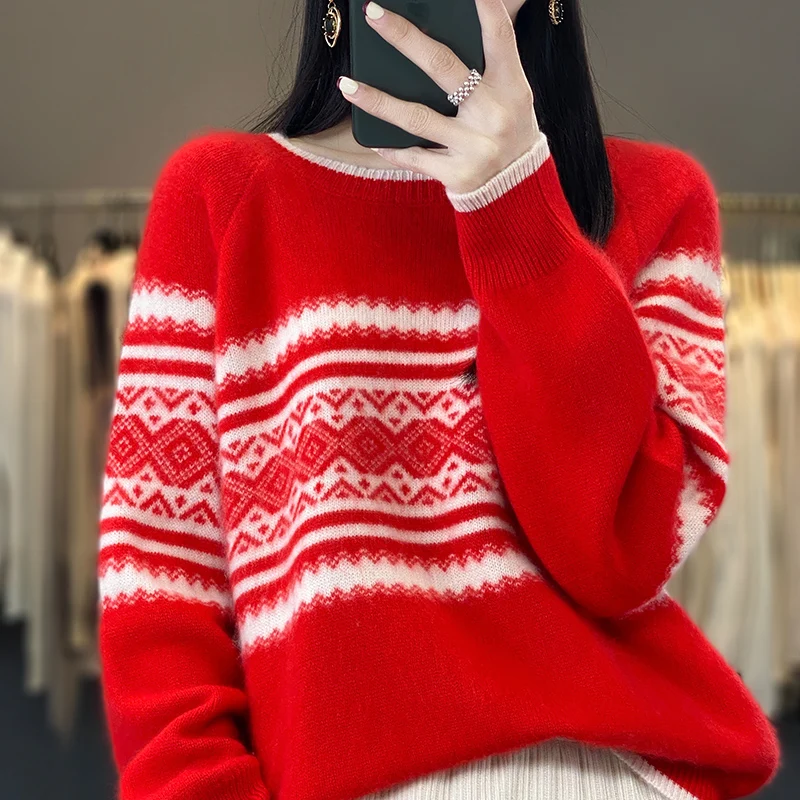 2024 New 100% Merino Wool Round Neck Long Sleeve Pullover Women's Padded Korean Sweater Christmas Knit Top Women's Clothes