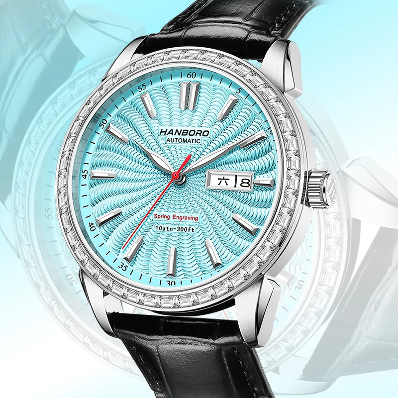 HANBORO Orologio automatico da uomo 41,5 mm Orologio da polso meccanico Specchio con zaffiro luminoso Doppio calendario Data della settimana