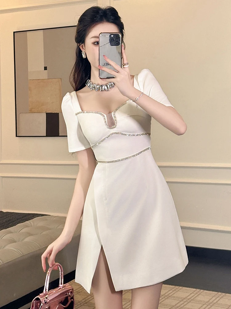 New Elegant Luxury Lady Evening Dress Women Clothes Chic Vintage Sexy Short Sleeve Slim Slit Short Party Club Birthday Vestidos