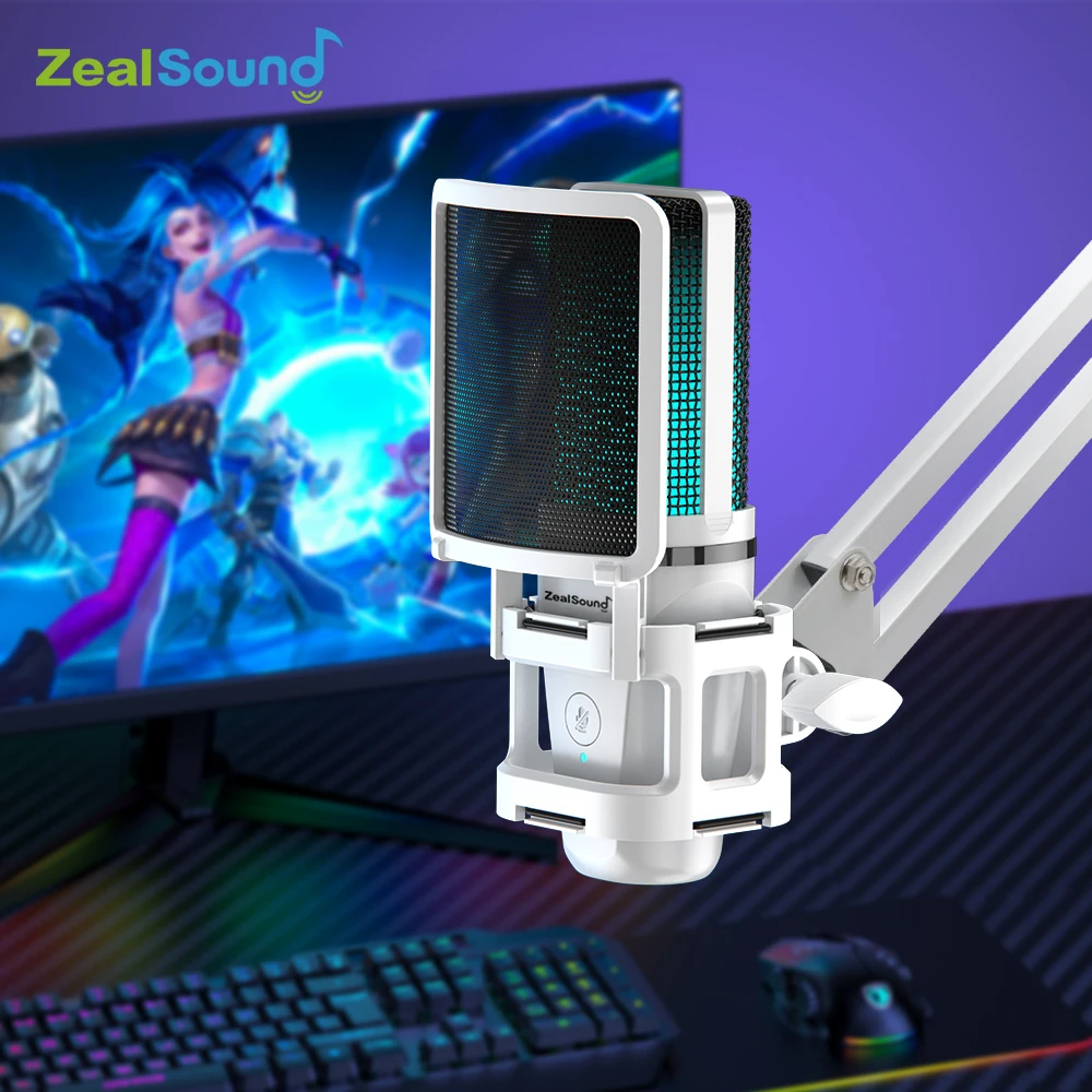 Eklemli Kollu Zealsound RGB USB Oyun Mikrofonu, PC Mac Kayıt Podcasting Akışı için Beyaz Bilgisayar Kondenser Mikrofon