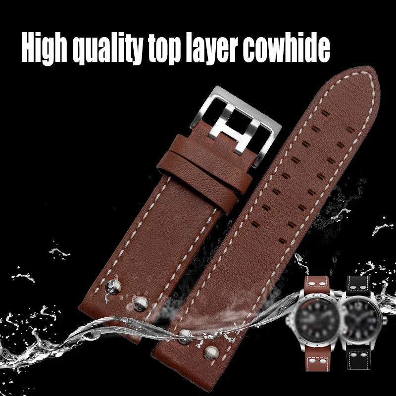 Genuine Leather Watchband For Hamilton Khaki Aviation Field Series Men's Watch Band Bracelte Rivets Watch Strap Brown 20mm 22mm