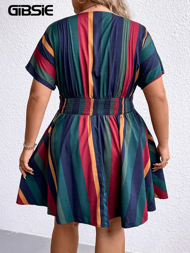 GIBSIE Plus Size Striped Surplice Neck Raglan Sleeve Women Dress 2023 Summer Casual Shirring Waist A-line Female Mini Dresses