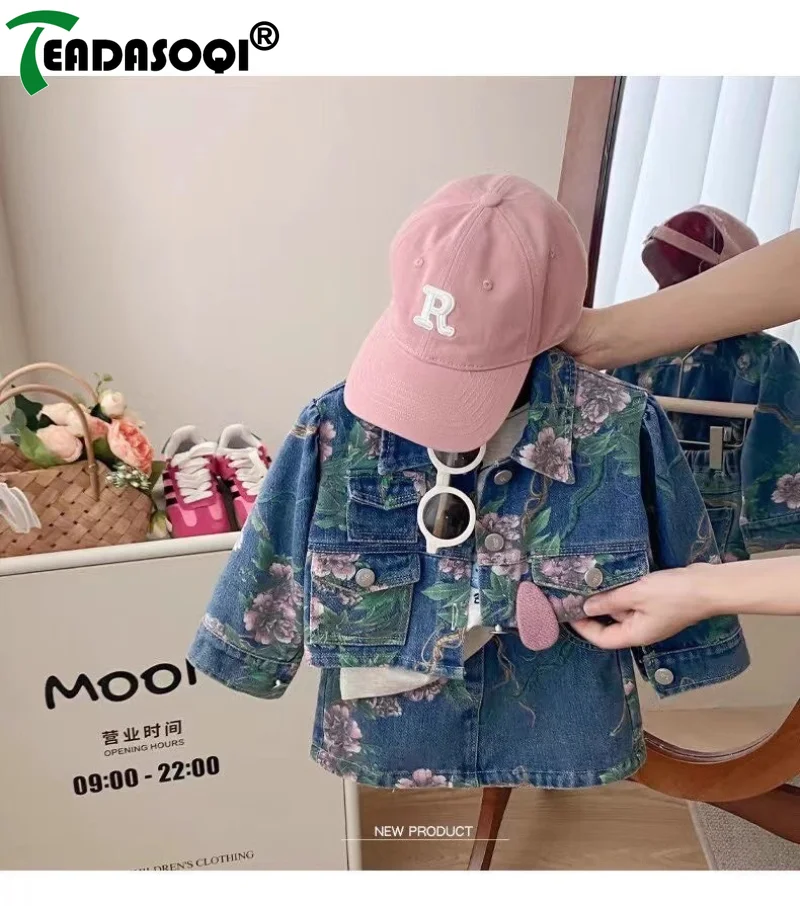 3-8Y Girls Baby Floral Pinted Denim Clothing Suit Jackets+Skirts Fashion Kids Children Flowers Jeans Autumn Clothes 2Pcs Set