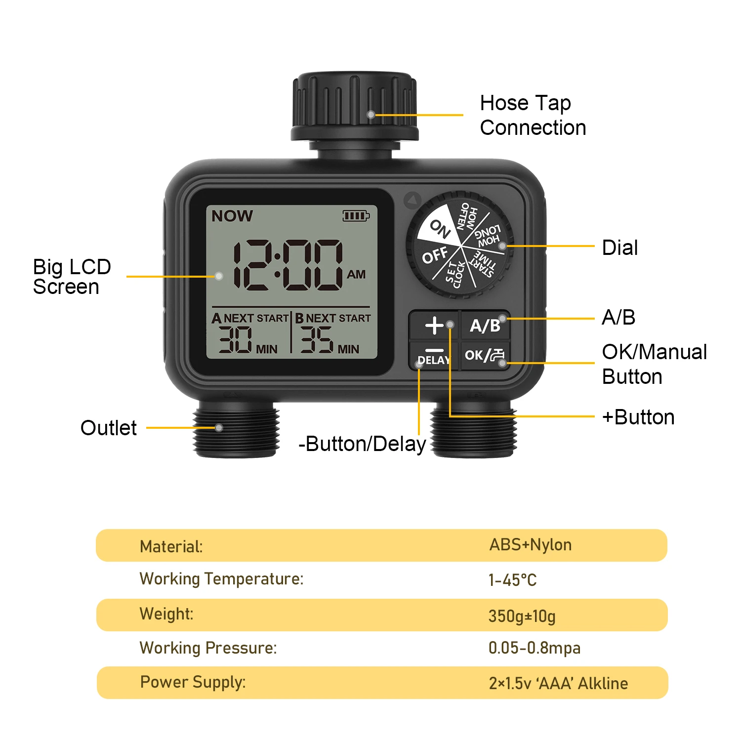 Eshico Digital Water Timer 2-Outlets A/B-Zone Independent Programming Control Adjustable Sprinkler Easy Install for Garden Irrig