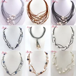 10-12mm Natural Oval Freshwater Pearl Stone Beads Handwork 15 Row Leather For Women Fashion Necklace Jewelry Magnet Clasp16