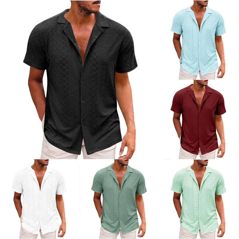 

Men's New Shirt Lapel Single Breasted Jacquard Breathable Casual Short Sleeve Shirt Top