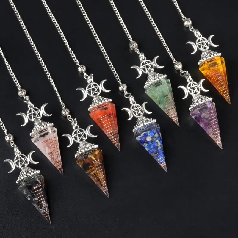 Resin Triple Moon Sun Crystal Pendulums Natural Chip Gem Stone Pendant Pendulum for Divination Dowsing Spiritual Pendulos X170