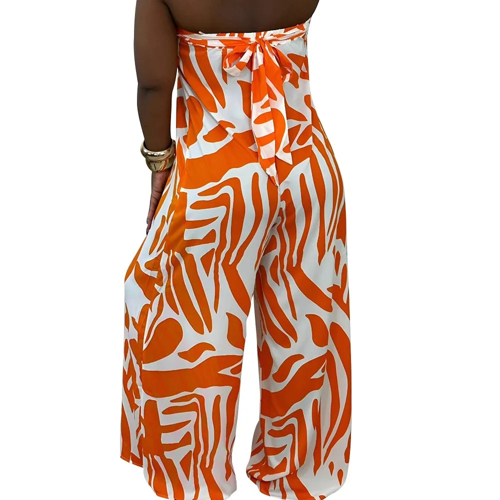 For Woman High Quality Women's Printed Jumpsuits Orange And White High Waist Wide Leg Jumpsuit Sleeveless Maxi Length Rompers
