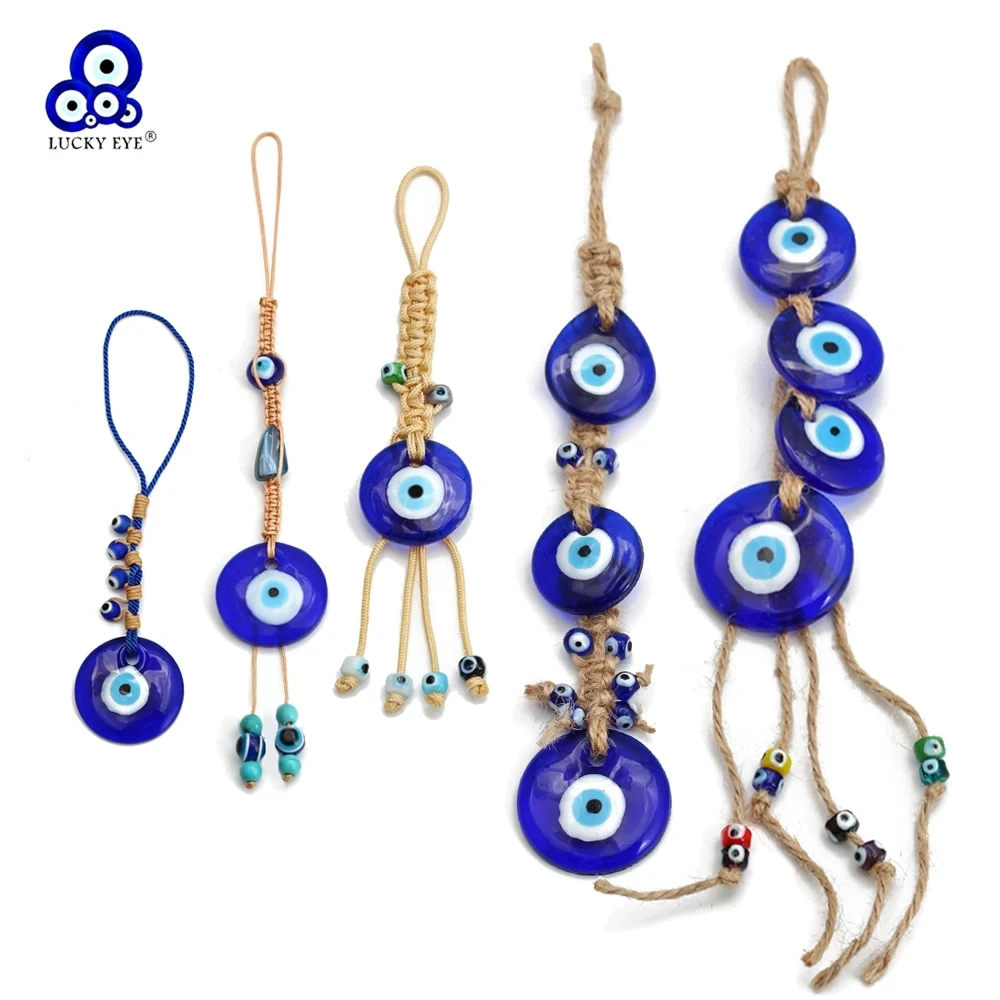 Lucky Eye Braided Rope Cross Heart Tassel Wall Hanging Handmade Blue Turkish Evil Eye Pendant Keyring for Home Living Room Car