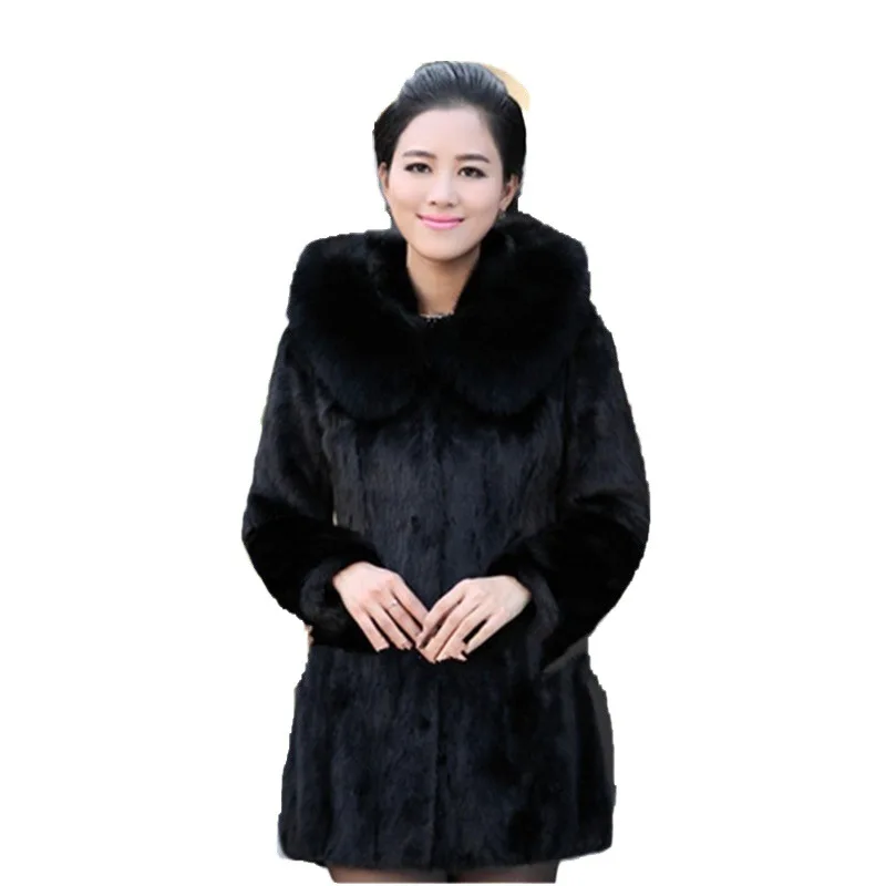 Autumn Winter New Women's Faux Rabbit Fur Thick Hooded Faux Fox Fur Collar Mid-Long Coat 3