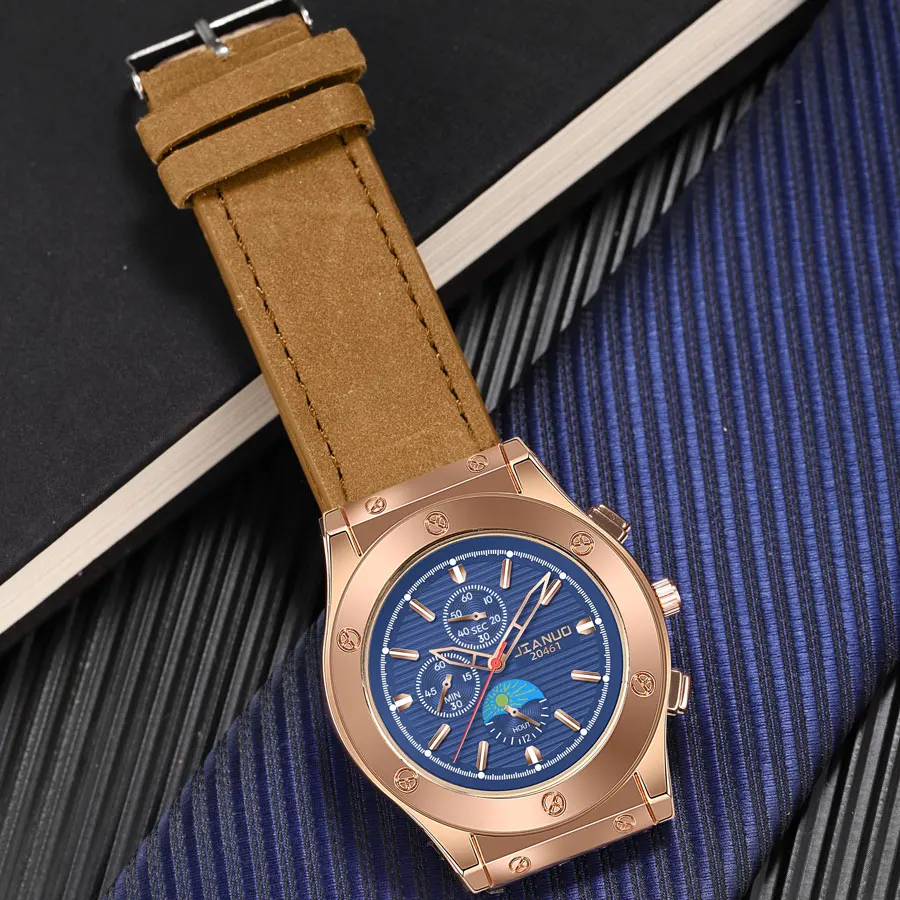 Fashion trend JIANUO brand large dial men\'s leather strap watch casual scale rose gold men\'s quartz watch