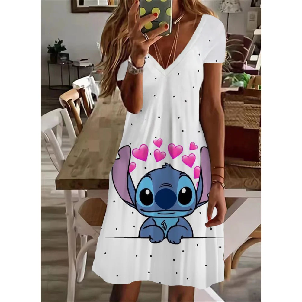 

Fashionable Design New Y2K 2024 Summer Women's Disney's Lilo & Stitch Print Dress Knee Length V Neck Female Casual Elegant Dress