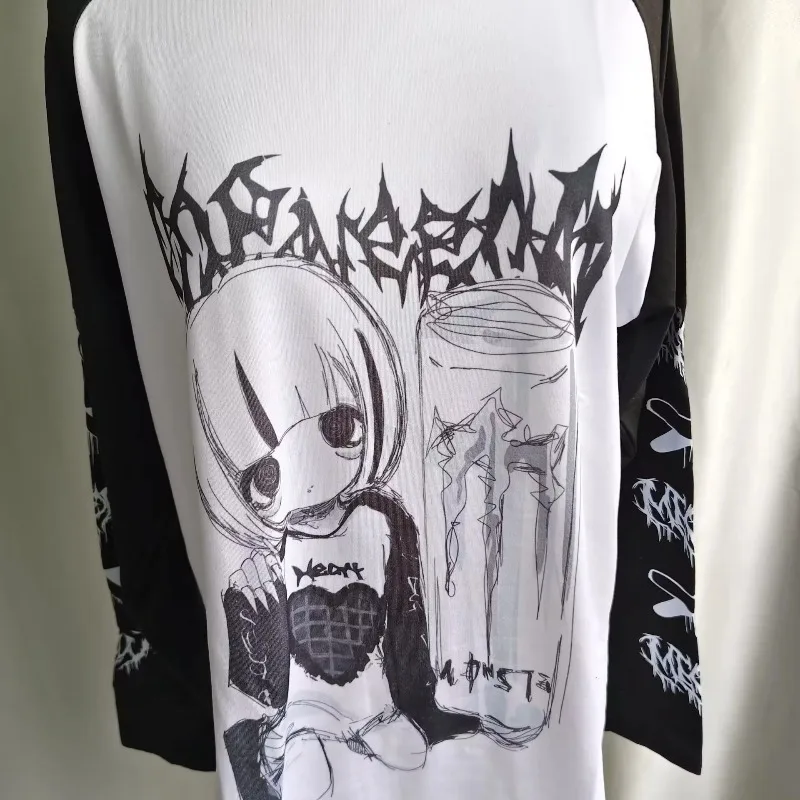 Kimutomo T Shirts Women Cartoon Printed Long Sleeve Loose Fashion Punk Style Grunge Gothic Y2k Aesthetic Harajuku Tops Ladies image 3
