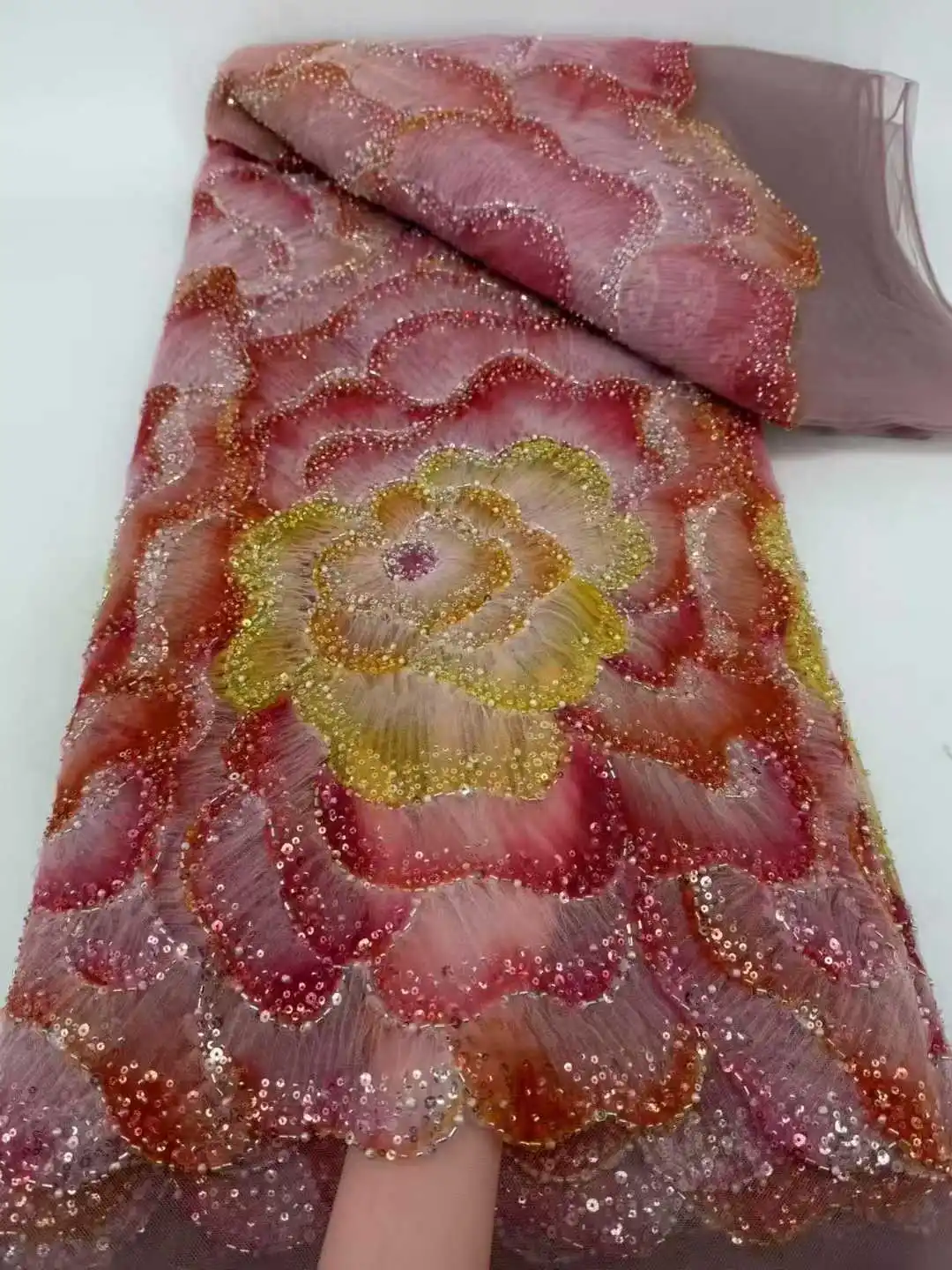 

Нигерийская кружевная ткань ручной работы с бусинами 2026, высокое качество, французская тюлевая ткань с блестками в африканском стиле для 5 ярдов, женские платья Sewin