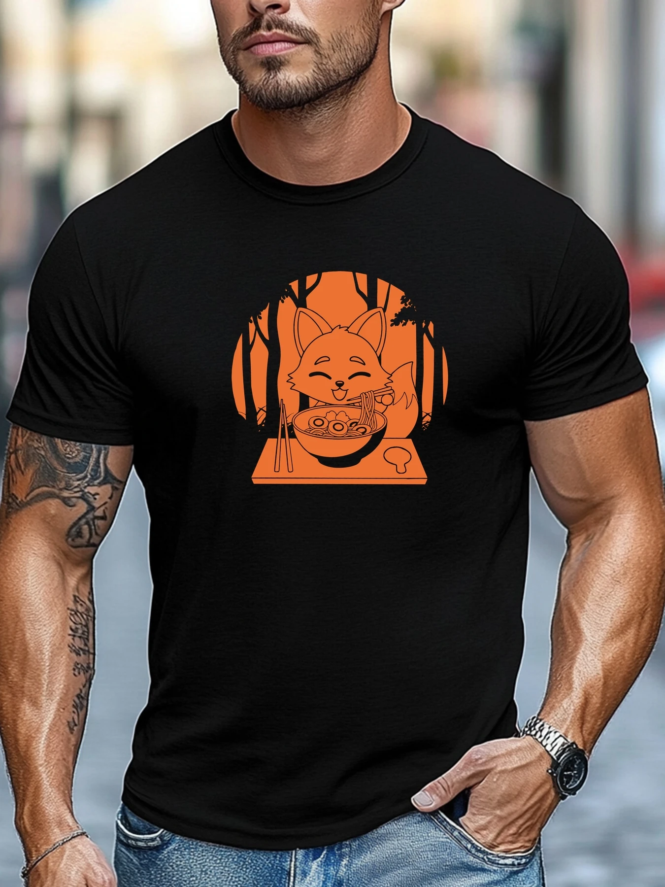 

Футболка с коротким рукавом Fox Eating Noodles Graphic Summer Soft Comfort Fit Tee Топы для ежедневного ношения