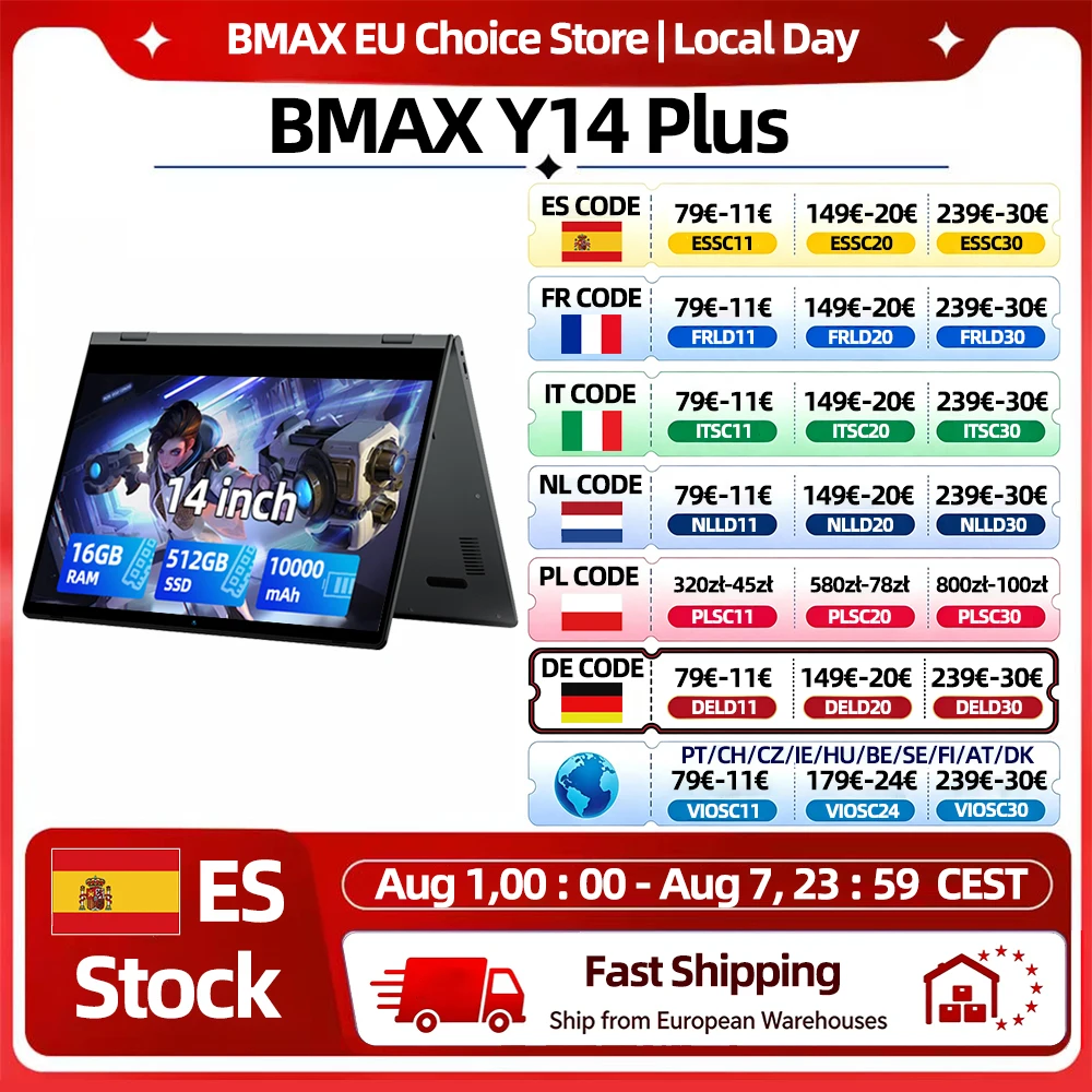 Computadora Portátil BMAX Y14 Plus, Pantalla IPS FHD de 14», Windows 11, Batería de 10000mAh, 16GB de RAM, 512GB SSD, Intel N150, USB Tipo-C, Teclado Numérico, Wifi, USB