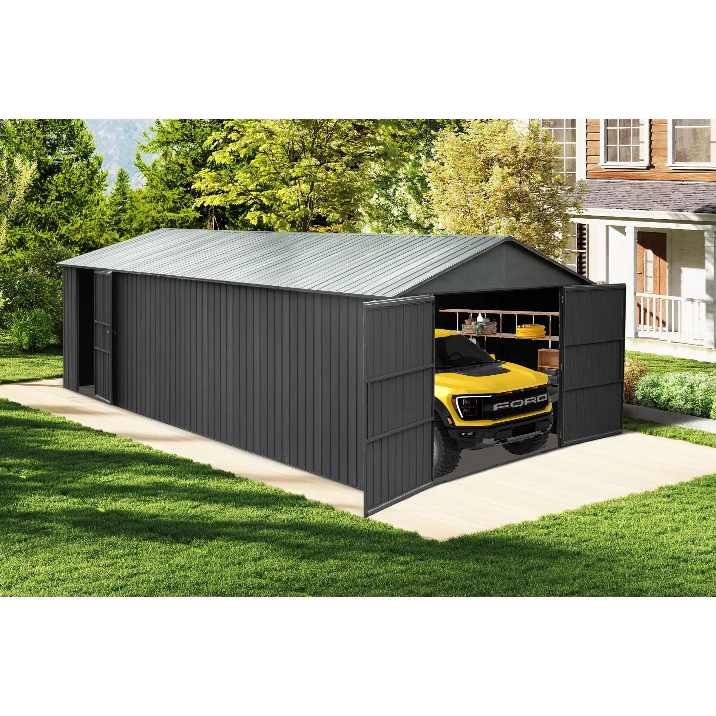 Custom Heavy Duty Aluminum Garage Shed Lockable Double Hinged Doors Extra Large Storage For Cars Trucks Farm Lawn Equipment
