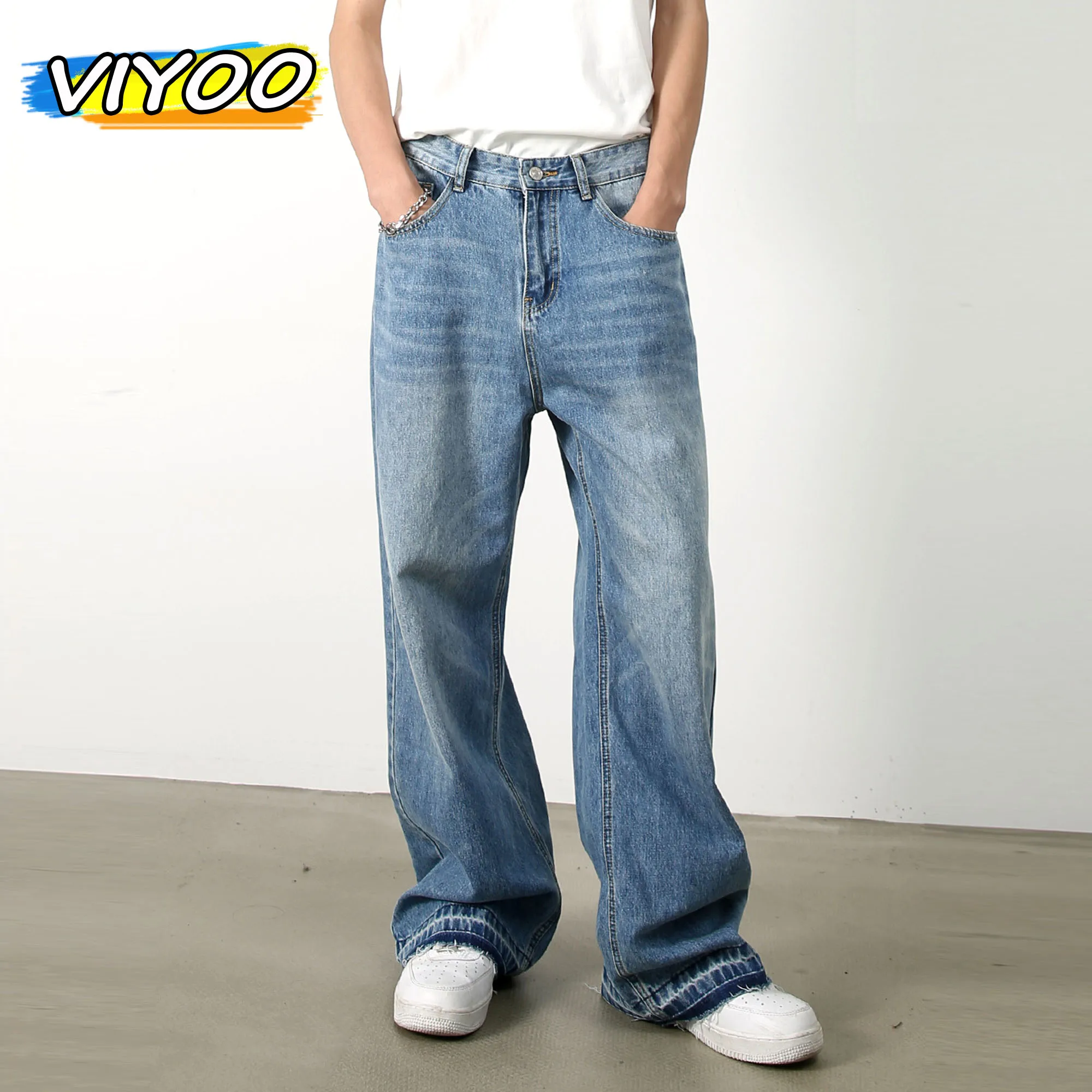 

Men's Y2K Vintage Casual Wide Leg Jeans Ful Lentgh Baggy Pants Trousers Light Blue Denim Jeans New Streetwear Hip Hop Korean