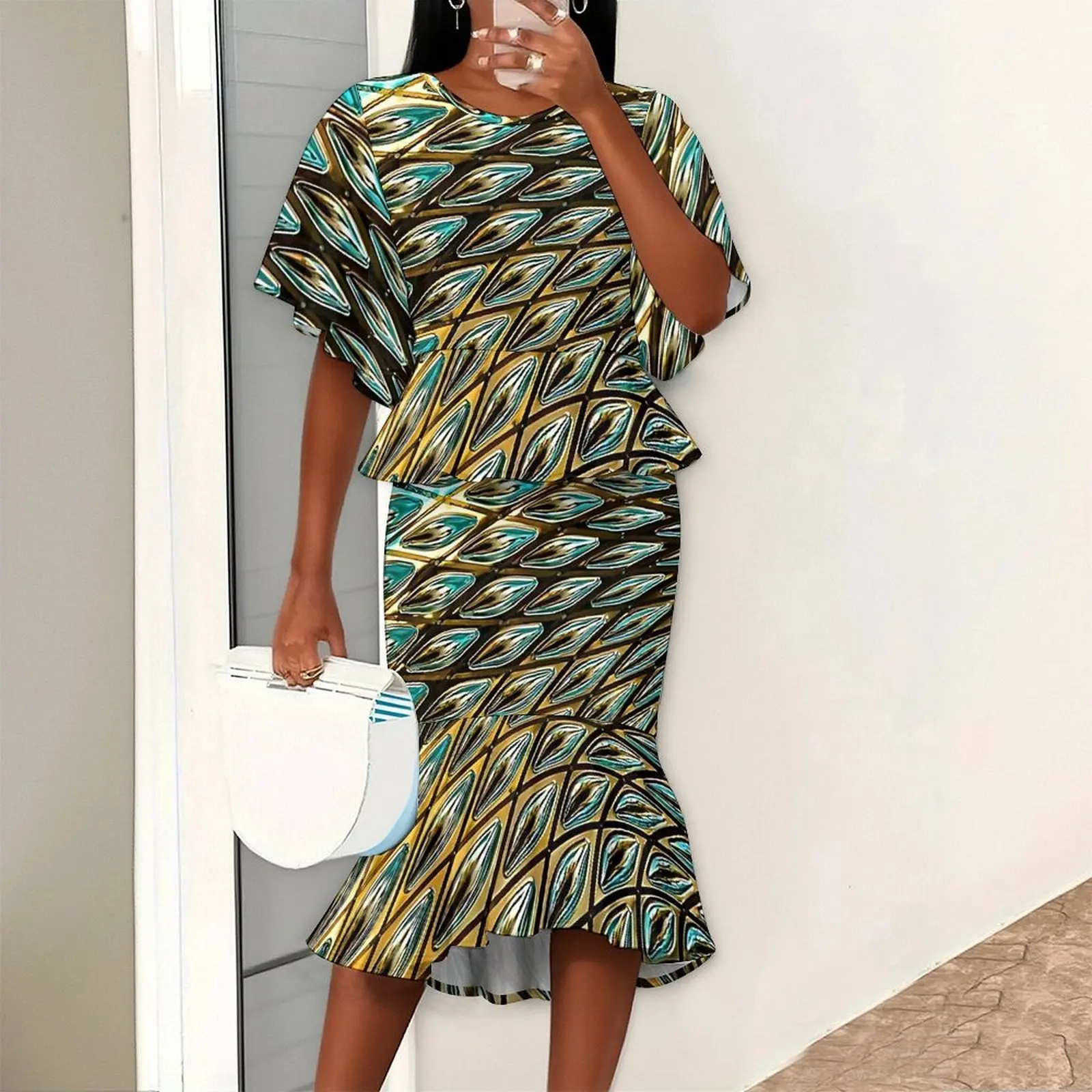 Women's Fashion Elegant Two Piece Set Summer Vintage Print Batwing Sleeve Waist-Cinching Round Neck Hip-Hugging Skirt Set
